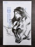  1girl absurdres breasts closed_mouth commentary cover_sketch energy_blade english_commentary from_side highres large_breasts long_hair marker_(medium) marvel monochrome photo_(medium) psylocke sash signature sketch solo stanley_lau traditional_media upper_body waist_sash x-men 