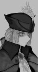  1girl bloodborne bonnet cape coat collar commentary_request exhausted gem goth_fashion greyscale hat highres lady_maria_of_the_astral_clocktower mature_female monochrome parted_bangs ponytail serious sleepy user_fefr7424 white_hair 