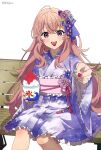  1girl absurdres anime_coloring artist_name bench big_hair blush colored_tongue copyright_name copyright_notice feeding_viewer food frilled_kimono frills hair_between_eyes hair_ornament highres holding japanese_clothes kagari_mimi kanzashi kimi_ga_shinu_made_koi_wo_shitai kimono long_hair looking_at_viewer magazine_scan megami_magazine obidome obijime official_art on_bench open_mouth pink_hair print_kimono purple_eyes purple_kimono reaching reaching_towards_viewer red_tongue ruri_(whomor) scan shaved_ice short_kimono simple_background sitting smile solo starry_sky_print teeth third-party_source tongue tongue_out tsumami_kanzashi upper_teeth_only very_long_hair white_background wide_sleeves wooden_bench 