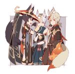  1girl 2boys animal_ear_fluff animal_ears antenna_hair arm_at_side armor asymmetrical_sleeves black_ears black_gloves black_hat black_kimono black_scarf black_shorts black_sleeves black_tail black_veil blue_hakama blue_skirt blue_sleeves blunt_bangs border bow brown_bow brown_kimono brown_pants brown_sleeves chinese_knot collared_coat colored_tips commentary crossed_arms dou english_commentary eyelashes fingerless_gloves floral_print_sleeves fox_boy fox_ears fox_girl fox_tail furisode genshin_impact gloves gold gold_trim grey_tail hakama hand_fan hand_up hand_wraps hat high_collar highres holding holding_fan japanese_armor japanese_clothes jinbaori jingasa kaedehara_kazuha kamisato_ayaka kimono kote kusazuri lapels layered_sleeves long_skirt looking_at_another looking_at_viewer looking_up low_ponytail mole mole_under_eye multicolored_hair multiple_boys no_pupils notched_lapels open_mouth pants parted_lips pleated_skirt ponytail popiahpot purple_sash purple_sleeves red_eyes red_hair red_hat red_scarf red_sleeves red_tail sash scaramouche_(genshin_impact) scaramouche_(harbinger)_(genshin_impact) scarf short_ponytail short_sleeves shorts single_sode skirt smile streaked_hair tail tail_raised tassel teeth three-quarter_sleeves tongue two-tone_hat two-tone_kimono uneven_sleeves upper_teeth_only veil white_border white_eyes white_kimono white_mouth white_sleeves white_trim 
