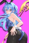  1girl :o absurdres animal_ear_hairband animal_ears ass axe battle_axe black_hairband black_pantyhose blue_eyes blue_hair blue_leotard blue_nails blush breasts bunny_day commentary cowboy_shot crossed_bangs double-parted_bangs drop_shadow english_commentary fake_animal_ears fake_tail from_behind from_below gradient_eyes hair_between_eyes hairband hand_on_own_ass highres holding holding_axe hololive hoshimachi_suisei leotard long_hair looking_at_viewer multicolored_eyes nail_polish one_side_up open_mouth pantyhose pink_background playboy_bunny rabbit_ear_hairband rabbit_ears rabbit_tail rain_lambda sideboob sidelocks simple_background small_breasts solo strapless strapless_leotard tail turning_head virtual_youtuber weapon wrist_cuffs yellow_eyes 