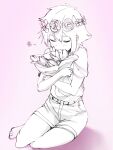  1boy antenna_hair barefoot basil_(headspace)_(omori) basil_(omori) blush bouquet closed_eyes closed_mouth double-parted_bangs flower flower_wreath greyscale_with_colored_background hair_between_eyes head_wreath highres holding holding_bouquet invisible_floor male_focus monochrome omore47858045 omori overall_shorts overalls pink_background shirt short_hair short_sleeves sidelocks sitting smile solo t-shirt tulip 