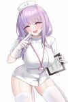  1girl absurdres azur_lane blush breasts clipboard commentary dress garter_straps gloves hat heart heart_print highres holding holding_clipboard lanyard large_breasts long_hair looking_at_viewer multicolored_hair nurse nurse_cap open_mouth pink_eyes pink_hair plymouth_(an_angelic_physical)_(azur_lane) plymouth_(azur_lane) short_sleeves simple_background smile solo streaked_hair teeth thighhighs thighs upper_teeth_only white_background white_dress white_garter_straps white_gloves white_hat white_thighhighs winged_hat zerotwenty_(020) 