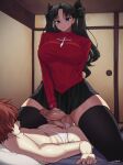  1boy 1girl alternate_breast_size_(larger) artist_name black_hair black_skirt black_thighhighs breasts brown_hair commentary crossdressing crossdressing_(mtf) dated emiya_shirou erection fate/stay_night fate_(series) foreplay frottage fusuma futa_with_male futanari garter_belt highres huge_penis huge_testicles lying male_pubic_hair nnilaee on_back panties penis penis_size_difference pubic_hair signature skirt sliding_doors straddling testicles thighhighs tohsaka_rin twintails underwear veins veiny_penis white_garter_belt 