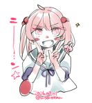  1girl ahoge animal_on_shoulder badge blue_neckerchief blue_sailor_collar blush_stickers commentary_request dated double_v grin izumiyamisono kantai_collection medium_hair neckerchief pink_eyes pink_hair rabbit rabbit_on_shoulder sailor_collar sailor_shirt sazanami_(kancolle) shirt smile solo twintails twitter_username upper_body v white_shirt 