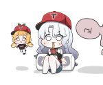  1other 2girls :3 absurdres barefoot baseball_cap baseball_uniform blonde_hair blunt_bangs blush_stickers chibi chopsticks commentary_request denim eating faceless faceless_male floating flower food full_body hair_flower hair_ornament hat highres holding holding_chopsticks knees_up korean_commentary korean_text layered_sleeves long_hair long_sleeves looking_at_another multiple_girls open_mouth pantyhose parted_bangs pillow shadow shirt short_over_long_sleeves short_sleeves shorts simple_background sportswear sweat sweatdrop thick_eyebrows trickcal twintails vela_(trickcal) very_long_hair wavy_hair white_background white_hair white_pantyhose youngchun_(trickcal) zebread 