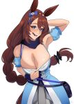  1girl animal_ears arm_up armpits bag blue_bag blue_dress blue_eyes blue_scarf blue_wrist_cuffs blush bow braid braided_ponytail breasts brown_hair clothes_pull commentary darkpulsegg dress dress_pull ear_bow ear_ribbon hair_between_eyes highres horse_ears horse_girl horse_tail large_breasts long_hair looking_at_viewer multicolored_hair open_mouth scarf shoulder_bag smile solo streaked_hair super_creek_(murmuring_stream)_(umamusume) super_creek_(umamusume) tail teeth umamusume very_long_hair white_hair wrist_cuffs 