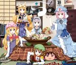  5girls :d :q analog_clock animal_ears blonde_hair bow bowl brown_eyes brown_hair calendar_(object) cat_ears chen chest_of_drawers chopsticks clock dated dress elbow_gloves food fox_ears fox_tail gloves green_eyes hair_bow hairband hakurei_reimu hat hat_ribbon highres hitodama holding indoors jewelry kitchen_scale konpaku_youmu konpaku_youmu_(ghost) kotatsu looking_at_viewer multiple_girls multiple_tails nabe namori_(style) open_mouth pendulum_clock pink_eyes pink_hair plate red_eyes ribbon rice ruu_(tksymkw) saigyouji_yuyuko short_hair silver_hair single_earring sitting smile table tail tatami television thomas_the_tank_engine tongue tongue_out touhou tray triangular_headpiece under_kotatsu under_table wall_clock weighing_scale yakumo_ran yakumo_yukari yukkuri_shiteitte_ne yuru_yuri 