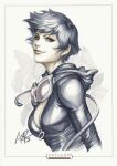  1girl artist_name batman_(series) black_bodysuit black_hair bodysuit breasts catwoman cleavage closed_mouth commentary dc_comics english_commentary goggles goggles_around_neck looking_at_viewer marker_(medium) scan short_hair signature stanley_lau traditional_media upper_body whip 