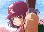  1girl 2010 baseball_bat baseball_helmet blush_stickers brown_eyes brown_hair cherry_blossoms close-up closed_mouth commentary_request helmet holding holding_baseball_bat japanese_clothes kimono lunamoon outdoors pink_kimono red_helmet solo suzukawa_koume taishou_yakyuu_musume touhoku_rakuten_golden_eagles translation_request upper_body 
