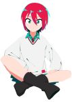  1girl absurdres amate_yuzuriha aqua_eyes aqua_shirt aqua_skirt collared_shirt commentary gradient_background green_eyes gundam gundam_gquuuuuux highres indian_style long_sleeves looking_at_viewer ma_bo_do_hugozen necktie red_hair school_uniform shirt short_hair simple_background sitting skirt solo striped_clothes striped_necktie sweater two-tone_necktie white_background 
