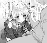  1boy 1girl bar_censor blush censored commentary_request erection fujisaki_hikari greyscale hair_ornament hetero highres indie_virtual_youtuber jacket long_sleeves monochrome parted_lips penis pom_pom_(clothes) pom_pom_hair_ornament shigure_ui_(1st_costume)_(vtuber) shigure_ui_(vtuber) sitting skirt solo_focus speech_bubble striped_clothes striped_jacket striped_skirt translation_request vertical-striped_clothes vertical-striped_jacket vertical-striped_skirt 