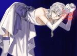  1boy arms_up artoria_pendragon_(fate) back_bow bare_shoulders bent_over blue_background bound bound_wrists bow braid cheericheerio choker cosplay crossdressing crossdressing_(mtf) derivative_work dress elbow_gloves fate/grand_order fate/stay_night fate_(series) garter_straps gloves grey_choker grey_eyes grey_hair grey_thighhighs hair_between_eyes long_hair looking_at_viewer male_focus marisbury_animusphere parted_lips purple_bow saber_(fate) saber_(fate)_(cosplay) single_braid smile solo strapless strapless_dress thighhighs white_dress white_gloves 