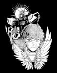  1boy amuro_ray black_background brown_hair char's_counterattack commentary earth_federation feathered_wings gundam hatchy80124 looking_at_viewer male_focus mecha mecha_pilot_suit mobile_suit normal_suit_(gundam) nu_gundam robot science_fiction short_hair simple_background v-fin wings 