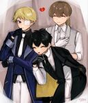  3boys :d amano_mashiro black_hair black_necktie blonde_hair blue_coat blue_vest broken_heart brown_hair closed_eyes coat collared_shirt commentary dress_shirt earrings esse_series eyepatch fang formal_clothes grey_necktie griffin_stewart hand_on_own_chest heart highres jewelry kobayashi_luca lapels leaning_forward low_ponytail male_focus multiple_boys necktie oshi_no_taisetsuna_hito_ni_narikawaru pants ponytail shirt smile stud_earrings totsuzen_e untranslatable_commentary untucked_shirt vest white_necktie white_pants white_shirt 