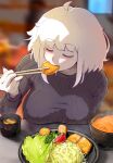  1girl black_sweater blanco2k1 blush borrowed_character bowl breasts chopsticks closed_eyes colored_skin curvy eating food food_in_mouth food_request highres holding holding_chopsticks la_albina_(tidal) large_breasts lettuce long_hair long_sleeves medium_hair nori_(seaweed) original pork ribbed_sweater scar scar_on_neck shredded_cabbage sitting solo sweater tomato tomato_slice white_hair white_skin 