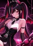  1girl :d arm_strap azki_(hololive) azki_(little_devil)_(hololive) black_gloves black_hair black_horns black_necktie black_shorts black_tiara breasts butterfly_brooch chain colored_inner_hair commentary_request corset demon_girl demon_horns demon_wings elbow_gloves gloves gradient_horns grey_corset hair_intakes hand_up heterochromia highres hololive horns long_hair looking_at_viewer medium_breasts mole mole_under_eye multicolored_hair multicolored_horns necktie official_alternate_costume official_alternate_hairstyle open_mouth pink_eyes pink_hair pink_horns pink_streaks purple_eyes shirt short_necktie short_shorts shorts sleeveless sleeveless_shirt smile solo streaked_hair swept_bangs telu_(teluscarlet) tiara twintails very_long_hair virtual_youtuber water white_shirt white_streaks wings 