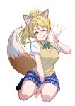  1girl :p \m/ animal_ears ayase_eli between_legs blonde_hair blue_eyes blue_skirt bow bowtie breasts closed_mouth commentary fox_ears fox_girl fox_tail full_body green_bow green_bowtie hair_between_eyes hair_ornament hair_scrunchie hand_between_own_legs high_ponytail highres kemonomimi_mode kobayashi_nyoromichi large_breasts long_hair looking_at_viewer love_live! love_live!_school_idol_project one_eye_closed otonokizaka_school_uniform ponytail school_uniform scrunchie seiza shirt short_sleeves simple_background sitting skirt smile solo striped_bow striped_bowtie striped_clothes tail tail_raised tongue tongue_out vest white_background white_scrunchie white_shirt yellow_vest 