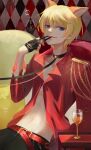  1boy 2226480274 absurdres alcohol alois_trancy animal_ears belt belt_buckle biting biting_glove black_pants blonde_hair blue_eyes buckle chair collar collared_shirt commentary cup drinking_glass epaulettes fingerless_gloves fox_ears gloves highres kuroshitsuji male_focus navel on_chair open_clothes open_shirt pants red_belt red_shirt shirt short_hair single_epaulette smile solo wine wine_glass 