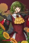  1girl absurdres aeronmeri_19198 alternate_costume artist_name ascot black_gloves brooch cane chinese_commentary closed_mouth commentary_request dress earrings flower frilled_ascot frilled_sleeves frills gloves green_hair highres holding holding_cane jewelry kazami_yuuka long_sleeves looking_at_viewer medium_hair plaid_clothes plaid_dress red_background red_dress red_eyes smile solo sunflower touhou umbrella yellow_ascot yellow_flower 
