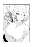  1girl absurdres arm_up beer_can border breasts can commentary_request dotted_background drink_can grin highres holding holding_can impossible_clothes impossible_shirt large_breasts okakiru one_eye_closed original parted_lips shirt short_hair simple_background smile solo upper_body v white_border 