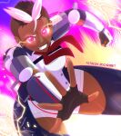  1girl black_gloves blonde_hair breasts brown_hair cable clenched_hand clothing_cutout commentary dark-skinned_female dark_skin electricity english_commentary eyelashes fingerless_gloves gloves glowing glowing_eyes grin harriet_bree highres mohawk neckerchief outstretched_arm patreon_username pink_eyes red_neckerchief rwby schrwby short_hair smile solo teeth very_short_hair 