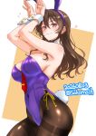  1girl absurdres animal_ear_hairband animal_ears ashigara_(kancolle) between_breasts black_pantyhose breasts brown_eyes brown_hair clothes_between_breasts commentary_request covered_navel cowboy_shot dated detached_collar fake_animal_ears hairband highleg highleg_leotard highres kantai_collection large_breasts leotard long_hair low_neckline necktie necktie_between_breasts nitamako_(sakamalh) one-hour_drawing_challenge pantyhose playboy_bunny purple_leotard rabbit_ears rabbit_pose rabbit_tail red_necktie side-tie_leotard solo strapless strapless_leotard tail thighband_pantyhose twitter_username wrist_cuffs 