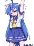  1girl ahoge arm_up arrow_(symbol) artist_request blue_hair blue_sailor_collar blue_skirt closed_mouth commentary dated green_eyes hair_between_eyes half-closed_eyes izumi_konata long_hair looking_at_viewer lucky_star miniskirt mole mole_under_eye neckerchief pleated_skirt russian_commentary ryouou_school_uniform sailor_collar school_uniform serafuku shirt short_sleeves simple_background skirt solo standing very_long_hair white_background white_shirt yellow_neckerchief 