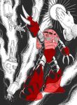  1other assault_visor battle cable claws commentary english_commentary full_body glowing gm_(mobile_suit) grey_background gundam hands_up hatchy80124 mecha mecha_focus mobile_suit mobile_suit_gundam one-eyed one-eyed_mecha red_eyes robot science_fiction sun weapon z'gok z'gok_char_custom zeon 