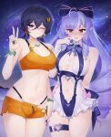  2girls @_@ ahoge animal_print bare_shoulders belle_(summer_skies)_(zenless_zone_zero) belle_(zenless_zone_zero) bikini black_nails blue_hair blush bow bowtie bracelet breasts butterfly_print clothing_cutout collarbone crossed_bangs doiparuni drill_hair drill_sidelocks earrings frilled_one-piece_swimsuit frilled_wrist_cuffs frills green_eyes grin hair_between_eyes hair_ornament heart_cutout highres jewelry letter_hair_ornament long_hair looking_at_another looking_at_viewer medium_breasts midriff multiple_girls navel official_alternate_costume one-piece_swimsuit one_eye_closed open_mouth orange_bikini orange_shorts pointy_ears purple_bow purple_bowtie purple_hair red_eyes short_hair shorts sidelocks sky smile sphere_hair_ornament star_(sky) starry_sky stomach_cutout swimsuit thigh_strap two-tone_one-piece_swimsuit v vivian_banshee vivian_banshee_(iris_of_the_shore) white_one-piece_swimsuit wrist_cuffs zenless_zone_zero 