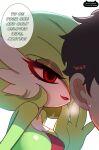  1boy 1girl absurdres artist_name bob_cut breasts colored_skin commentary english_commentary gardevoir green_hair green_skin hair_over_one_eye highres multicolored_skin pokemon pokemon_(creature) red_eyes simple_background smile speech_bubble sweatdrop two-tone_skin whispering_in_ear white_background white_skin wittlemoew 