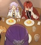  1boy 2girls :3 =_= bandaged_arm bandages bowl bread capelet chair closed_eyes closed_mouth commentary_request earrings eating elf fern_(sousou_no_frieren) food frieren higemu highres holding holding_spoon jewelry long_hair long_pointy_ears multiple_girls pointy_ears purple_hair red_hair short_hair soup sousou_no_frieren spoon stark_(sousou_no_frieren) table white_capelet white_hair 