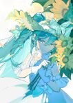  1girl analogous_colors aqua_bow aqua_eyes aqua_hair aqua_nails aqua_theme bare_shoulders bow bug butterfly closed_mouth commentary cowboy_shot dappled_sunlight dot_nose dress eliza_yye eyelashes flower frilled_dress frills gloves hair_between_eyes hat hat_bow hat_ornament hatsune_miku headset highres holding holding_flower leaf light_particles light_smile long_hair looking_at_viewer magical_mirai_(vocaloid) magical_mirai_miku magical_mirai_miku_(2026) number_tattoo petals shade shoulder_tattoo sidelighting sidelocks simple_background single_glove sleeveless sleeveless_dress solo straw_hat sun_hat sundress sunflower sunlight tattoo twintails upper_body very_long_hair vocaloid water_drop white_background white_bow white_dress white_gloves yellow_flower yellow_hat 