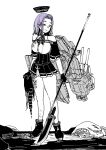  1girl abyssal_ship boots breasts capelet character_request closed_mouth commentary_request dated dirty dirty_face dismemberment dress glaive_(polearm) gloves greyscale halca_(technodrome) halo holding holding_polearm holding_weapon kantai_collection large_breasts mechanical_halo monochrome neck_ribbon polearm purple_hair ribbon rigging simple_background sleeveless sleeveless_dress solo spot_color standing tatsuta_(kancolle) tatsuta_kai_ni_(kancolle) twitter_username weapon 