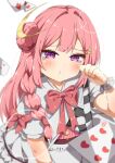  1girl :t ace_(playing_card) ace_of_hearts amami_akari blurry blush bow bowtie braid card closed_mouth commentary_request crescent crescent_hair_ornament depth_of_field dress floating_card frills hair_bun hair_ornament hairclip hand_up heart highres lens_flare long_hair looking_at_viewer original pink_bow pink_bowtie pink_hair playing_card pout purple_eyes red_bow short_sleeves side_braid sidelocks simple_background single_braid single_hair_bun single_side_bun solo tearing_up tears upper_body white_background wrist_cuffs 