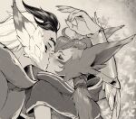  1boy 1girl animal_ears asymmetrical_hair blush couple facing_another french_kiss green_(greeniris) greyscale hand_up hetero highres kiss league_of_legends long_hair monochrome multicolored_hair ponytail rakan_(league) short_sleeves sidecut two-tone_hair undercut xayah_(league) 