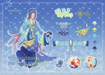  1girl animal_print ao_nhat_binh bag blue_pants brown_hair bubble_background closed_mouth commission fish_print gem glasses green_eyes highres khan_van long_hair moizuki original pants patterned_clothing pearl reference_sheet shoes shoulder_bag vietnamese_clothes wide_sleeves 