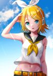  1girl absurdres aqua_eyes armpits belt black_sailor_collar black_shorts blonde_hair blue_sky bow breasts commentary_request hair_bow hair_ornament hairclip hand_on_own_head headphones highres kagamine_rin looking_at_viewer midriff navel neckerchief number_tattoo open_mouth parallel_hairclips sailor_collar shirt short_hair shorts sky sleeveless sleeveless_shirt small_breasts solo tattoo treble_clef upper_body vocaloid white_bow white_shirt yellow_belt yellow_nails yellow_neckerchief yellow_trim yukita6116 