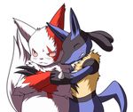  ???? anthro blush canine claws eyes_closed fangs fur hug jackal kemono lucario mammal markings mongoose nintendo pixiv plain_background pok&#233;mon pok&eacute;mon red_eyes red_markings spikes sweat sweatdrop teeth toraya_inugami video_games white_background white_fur zangoose 