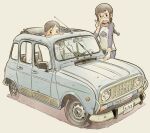  2girls animal_print black_eyes black_hair blue_car blue_pants blue_shirt braid car commentary_request fish_print glasses grey_background hair_ornament hairclip hand_up index_finger_raised ishibashi_satomi ishibashi_tomoe long_hair low-braided_long_hair low-tied_long_hair motor_vehicle multiple_girls now_do!_days open_roof_top pants peeking_out print_shirt radio_antenna raglan_sleeves renault renault_4 sekihan shirt siblings simple_background single_braid sisters vehicle_focus white_shirt 