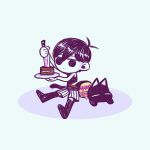  1boy antenna_hair artist_name black_eyes black_hair black_thighhighs cake cake_slice cat chibi chibi_only colored_skin double-parted_bangs food hair_between_eyes highres holding holding_knife holding_plate knife laser-lance male_focus mewo omori omori_(omori) plate shorts simple_background sitting solo striped_clothes striped_shorts thighhighs vertical-striped_clothes vertical-striped_shorts white_background white_shorts white_skin 