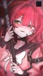  1girl absurdres black_choker blush cardigan chest_bow choker collarbone green_eyes hair_ornament highres holding holding_umbrella kadakine long_hair looking_to_the_side open_mouth pink_cardigan red_hair smile solo sphere_hair_ornament ukinami_yuzuha umbrella zenless_zone_zero 