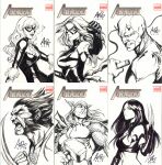  3boys 3girls beard black_cat_(marvel) black_mask breasts cape catsuit clenched_hand clenched_teeth closed_mouth commentary cover_sketch daredevil daredevil_(series) domino_mask elbow_gloves english_commentary eye_mask facial_hair felicia_hardy from_side fur_trim gloves hammer helmet highres holding holding_weapon large_breasts leotard long_hair marker_(medium) marvel mask midriff mjolnir_(marvel) ms._marvel_(carol_danvers) multiple_boys multiple_girls muscular muscular_male parted_lips signature sports_bra stanley_lau teeth thor_(marvel) thor_(marvel)_(series) traditional_media weapon winged_helmet wolverine_(x-men) x-23 x-men 