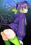  1girl ass black_panties commentary english_text green_eyes green_thighhighs grin hair_intakes highres hood hoodie leaning_forward long_sleeves multicolored_hair myotaron original panties purple_hair purple_hoodie sharp_teeth smile solo speech_bubble streaked_hair teeth thighhighs underwear 