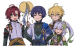  1girl 3boys aether_(genshin_impact) ahoge armlet armor arms_at_sides black_bodysuit black_bow black_bridal_gauntlets black_hair black_sleeves blonde_hair blue_cape blue_kimono blue_sleeves blunt_ends bodysuit bow bracelet bridal_gauntlets brown_shirt cape choppy_bangs closed_eyes closed_mouth clothing_cutout colored_tips confetti crop_top cropped_shirt cropped_torso curtained_hair detached_sleeves dress earrings eyelashes eyeliner facing_another facing_viewer feather_earrings feathers fishnet_sleeves fishnets genshin_impact gold_armlet gold_bracelet gold_trim green_eyes green_hair green_sleeves hair_between_eyes hair_intakes hairband hand_up height_difference holding holding_party_popper japanese_armor japanese_clothes jewelry juban kimono kote kurokote layered_sleeves light_blush long_hair looking_at_another makeup mandarin_collar multicolored_hair multiple_boys nahida_(genshin_impact) notice_lines open_clothes open_kimono open_mouth own_hands_together palms_together party_popper pom_pom_(clothes) puff_of_air purple_rope purple_sash red_eyeliner red_hair red_hairband rope sash scaramouche_(genshin_impact) scarf sh1osatou shikanoin_heizou shirt short_sleeves shoulder_peek side_cape side_cutout side_ponytail sidelocks smile sweatdrop wanderer_(genshin_impact) white_background white_dress white_hair white_kimono white_scarf white_shirt white_sleeves yellow_eyes yellow_feathers 