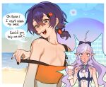  2girls ahoge back bare_shoulders beach belle_(summer_skies)_(zenless_zone_zero) belle_(zenless_zone_zero) black_nails blue_hair blue_sky blush clothing_cutout commentary crop_top day drill_hair drill_sidelocks earrings english_commentary english_text expressive_hair from_behind full-face_blush green_eyes hair_between_eyes heart highres holding_sunscreen jewelry long_hair looking_at_viewer looking_back mole mole_under_eye multiple_girls ocean open_mouth outdoors outside_border pointy_ears pulling_own_clothes purple_hair riinarts sand short_twintails shoulder_blades sidelocks signature sky speech_bubble squeezing stomach_cutout strap_lift strap_pull thought_bubble twintails upright_ahoge vivian_banshee vivian_banshee_(iris_of_the_shore) water yuri zenless_zone_zero 