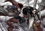  1boy black_gloves black_jacket black_pants black_shoes chainsword closed_mouth cross_scar dragon dual_wielding fingerless_gloves foreshortening fur-trimmed_jacket fur_trim gloves heterochromia highres holding holding_sword holding_weapon jacket long_sleeves looking_at_viewer multicolored_hair nu_punxxxz open_clothes open_jacket original pants pants_rolled_up pointy_ears red_hair scar scar_on_cheek scar_on_face shirt shoes solo spiked_hair streaked_hair sword two-tone_hair wallet_chain weapon white_hair white_shirt 