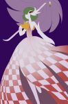  1girl aeronmeri_19198 black_sclera chinese_commentary color_guide colored_sclera colored_skin commentary_request cosplay dress gardevoir green_hair hair_over_one_eye highres holding holding_umbrella kazami_yuuka kazami_yuuka_(cosplay) looking_at_viewer mega_gardevoir one_eye_covered plaid_clothes plaid_dress pokemon pokemon_(creature) purple_background red_dress red_eyes simple_background smile solo touhou umbrella white_dress white_skin 