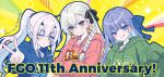  3girls :q alternate_costume anniversary arts_shirt_(fate) black_bow blue_bow blue_eyes blue_hoodie bow braid buster_shirt_(fate) choker closed_mouth commentary crossed_arms drawstring earrings english_text fate/grand_order fate_(series) forked_eyebrows gold_earrings green_hoodie hair_between_eyes hair_bow hair_ornament hair_tie hairclip hand_up hood hoodie jewelry light_blush long_hair long_sleeves looking_at_viewer meltryllis_(fate) melusine_(fate) multiple_girls olga_marie_animusphere one_eye_closed orange_eyes outstretched_arm ponytail purple_hair quick_shirt_(fate) red_hoodie side_braid sleeves_past_fingers sleeves_past_wrists smile tongue tongue_out twitter_username upper_body v white_hair yamuimo yellow_eyes 