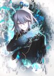  1258643753 1boy black_coat black_necktie coat commentary_request devil_survivor_(series) devil_survivor_2 electricity electrokinesis gloves grey_eyes grey_hair grin holding holding_phone houtsuin_yamato male_focus megami_tensei necktie phone smile solo teeth trench_coat upper_body white_gloves 